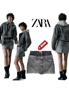 Zara two toned gray double waistband denim Jean mini skirt Sz L NWT